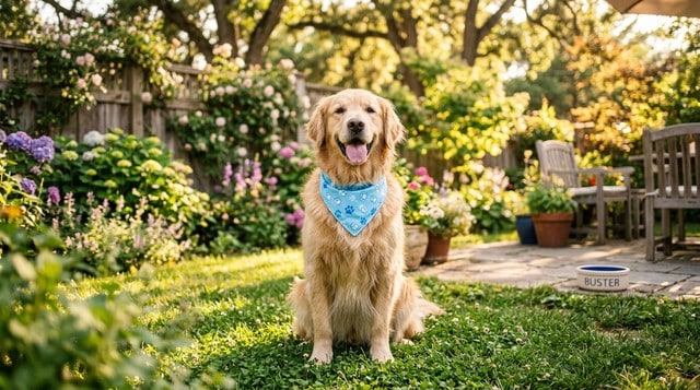 contented dog wearing a cooling bandana relaxing in a summer backyard